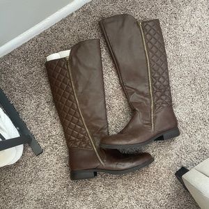 Brown Quilted Knee High Boots